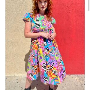 Nooworks Frida Dress Party Time Vibrant Geometric Pattern Midi Dress Size XS